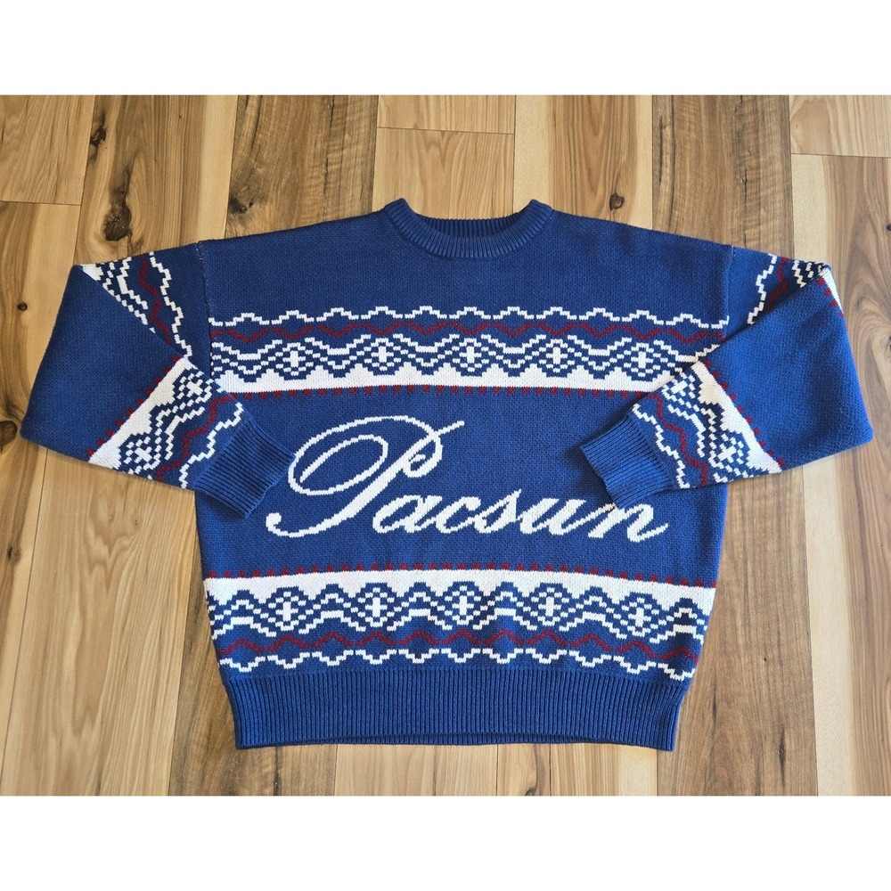 PacSun Spell Out Sweater Mens Blue Red White‎ Size L Crew Neck Pullover